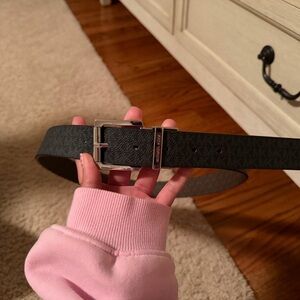 MICHAEL Michael Kors Black Logo-Embossed Leather Belt with Silver Buckle